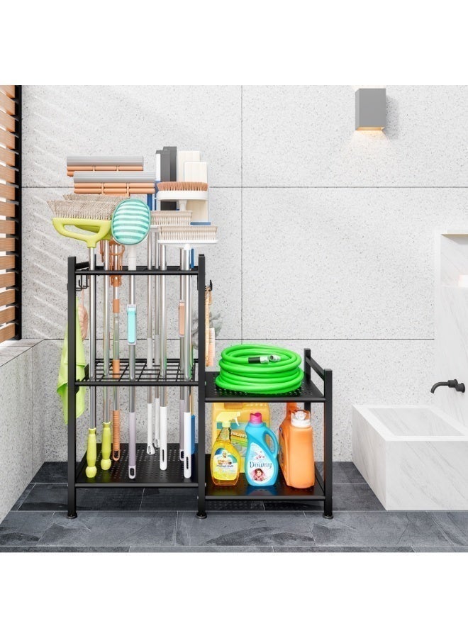 Uptyia Garden Tool Organizer Rack，Garage Organization, 3 Tier Yard Tool Storage Rack，Long-Handled Tools, Garage & Outdoor Tool Holder Shelf, Metal Storage Stand for Rakes, Shovels, Brooms, Heavy Duty Garden Tool Holder with Large Hooks for Shed, Yard - Image 4